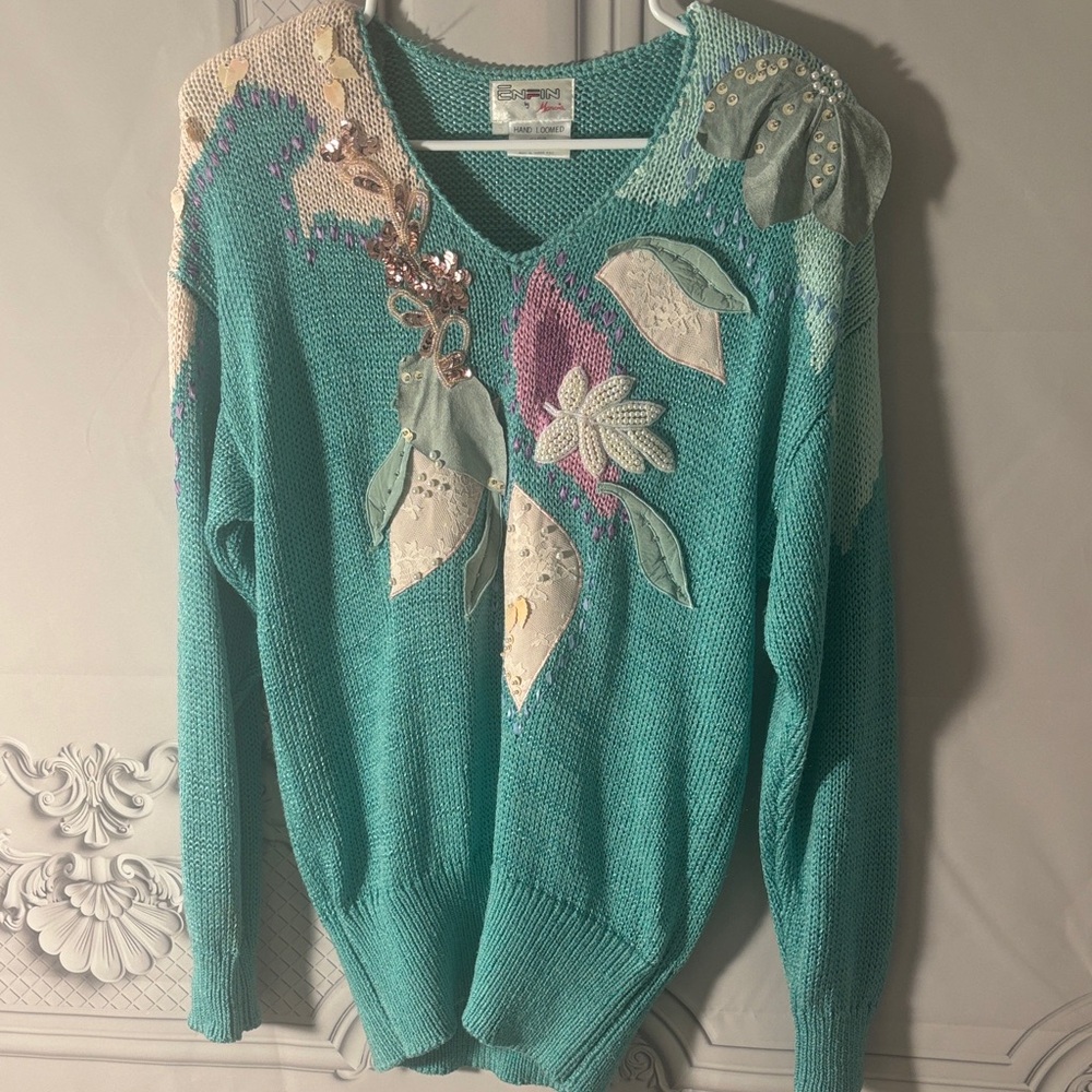 Vintage Enfin by Marcia Hand Loomed 2-Piece Sweater & Skirt Set Size Small